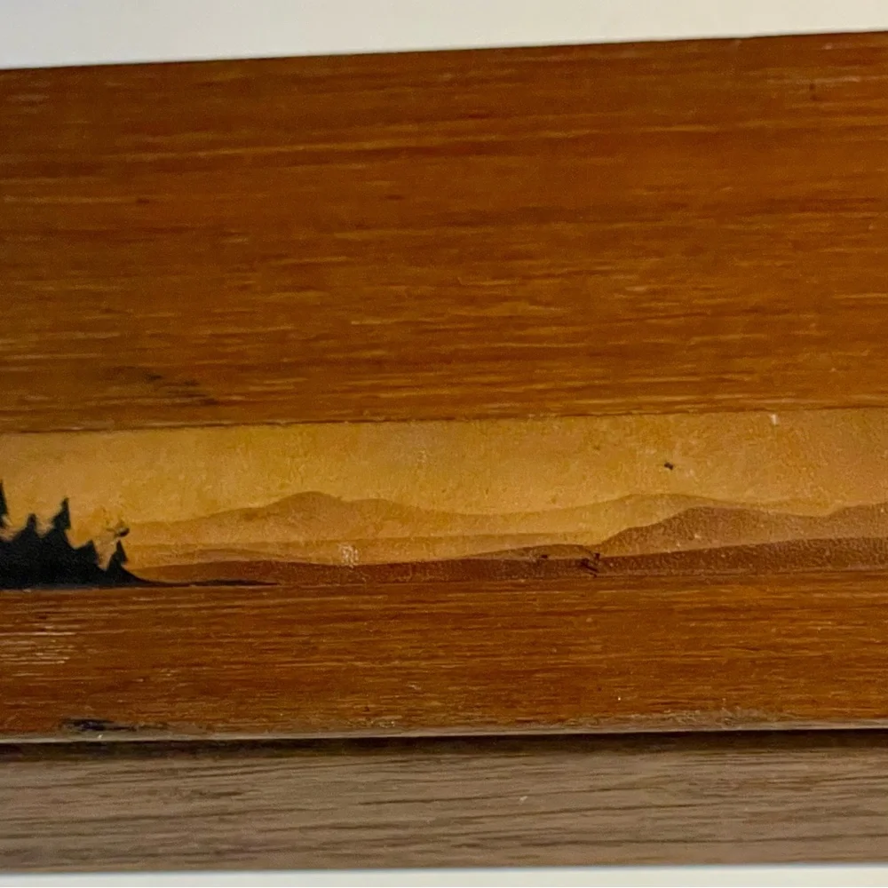 Vintage Handmade Trinket/ Jewelry Box Solid Walnut Wood w/leather landscape